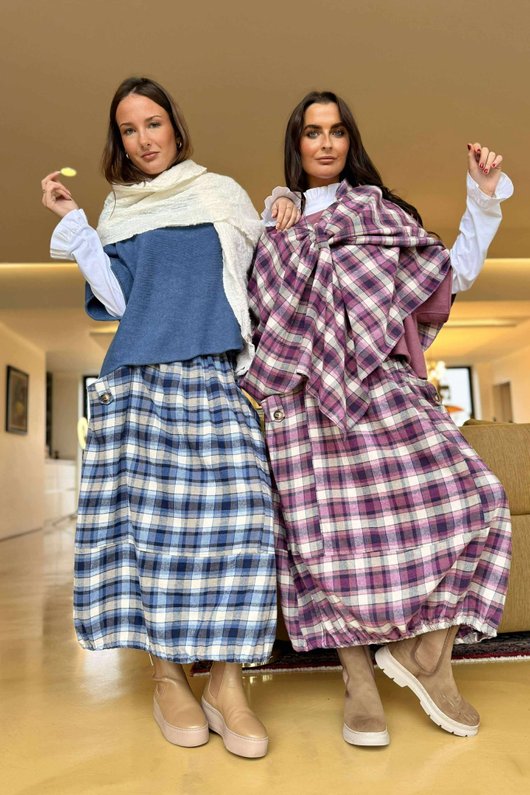 Roberta Plaid Brushed Cotton Balloon Hem Skirt Aubergine